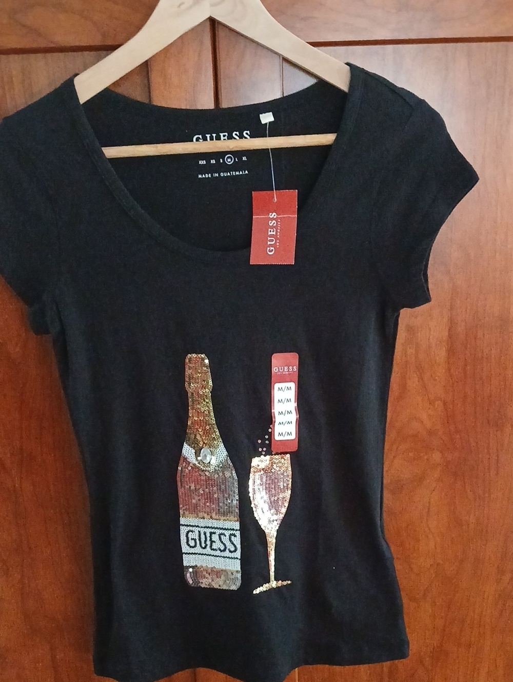 NWT GUESS Black Short-Sleeve Tee with Gold & Silver Sequin Champagne Motif